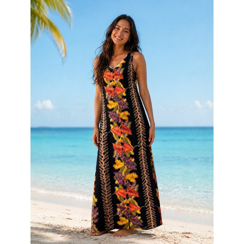 Hawaiian Collection Reserve Tropical Tank Maxi Dress Pullover Small Black/Multi